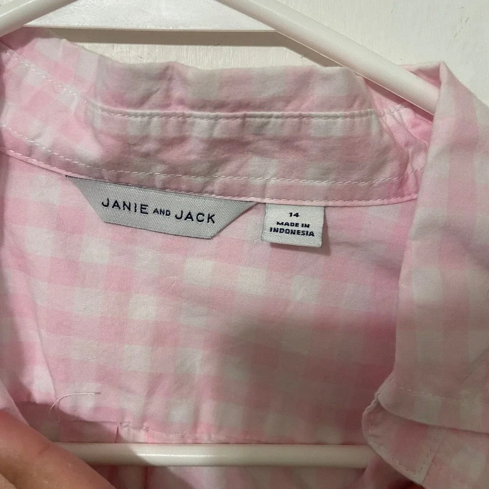 Janie and Jack Kids Pink‎ White Gingham Long Sleeve Button Up Shirt Size 14